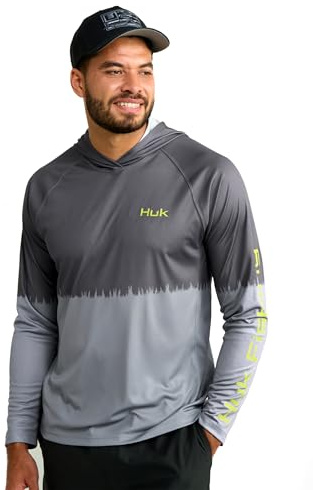 HUK Mens Pursuit Graphic Hoodie, Sun Protecting Fishing Shirt with Hood, Volcanic Ash, Large