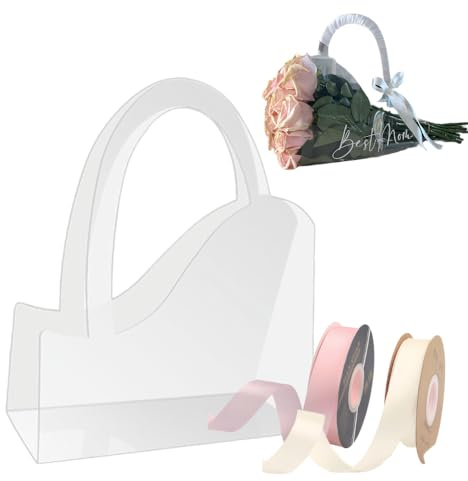 Foxegg 12 transparente Blumentaschen für Blumensträuße, transparente Geschenktüten mit Griff und Band, Floristenbedarf, Verpackung für Valentinstag, Muttertag, 30 x 12 x 38 cm (L x B x H) (herzförmig)