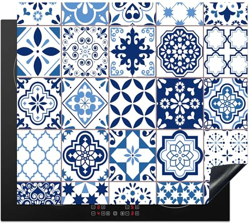 KitchenYeah© Induction Hob Cover Protector Mat Kitchen Universal Ceramic | 20.5x23.6 / 60x52 cm - Covers for Electric Cookers Vinyl Mosaic - Blue - Pattern - White