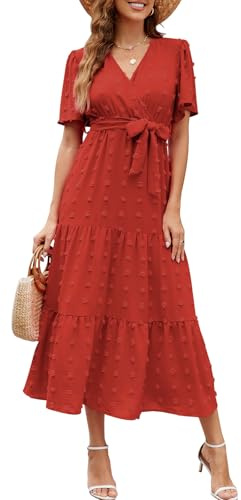 Wantonfy Sommerkleid Damen Freizeitkleider Elegant V Ausschnitt Strandkleid Midikleid Kurzarm A Linie Cocktailkleid