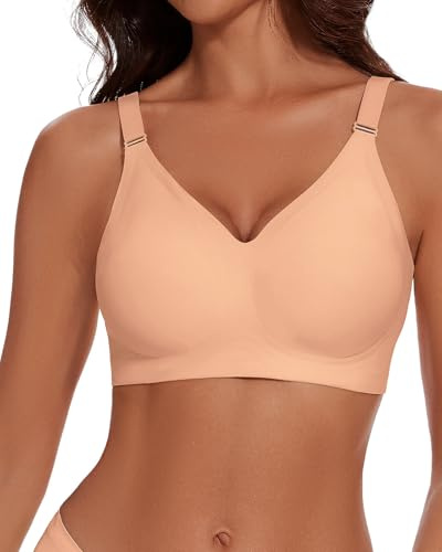 WOWENY Dam-bh utan bygel, push-up, bekväm sömlös behå, justerbar bygellös, bh, mjukt skal, bh, t-shirt, bh, mjuk comfit BH, Beige, XXL