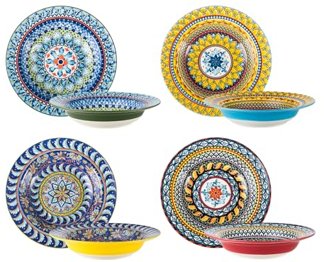 HENXFEN LEAD Lot de 4 assiettes creuses en porcelaine avec bord large pour salade, pâtes, muesli – Style bohème