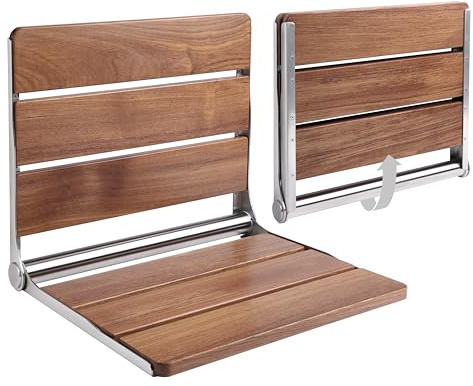 Homewell 18 Folding Shower Seat - Wall Mounted Burmese Teak Wood Shower Seat, 330lbs Capacity - Foldable Shower Chair for Extra Comfort, Seniors, Pregnant & Multi-Purpose Use (Stainless Steel)