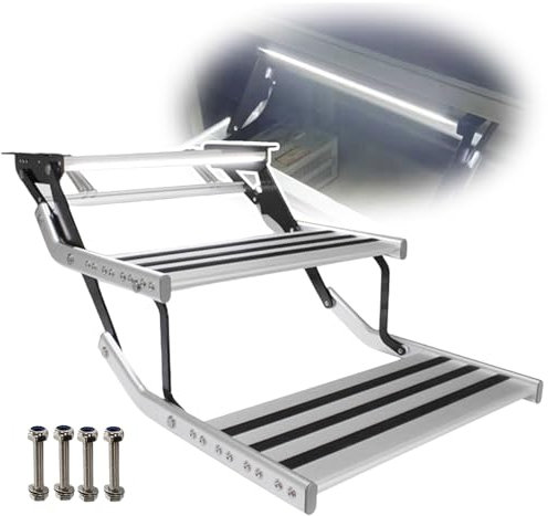 Gradino Elettrico per Camper/Scala Antiscivolo per Camper con Luce A LED - Gradini Telescopici Automatici E Pieghevoli, Gradino per Camper in Alluminio per Camper/RV/Cam,Doublelayer