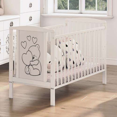Generico Bello Timmi – Lettino per bambini 60x120 cm in legno massiccio | Regolabile su 3 altezze con materasso incluso – Bianco