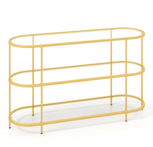 GIANTEX Konsolentisch aus gehärtetem Glas mit Metallstruktur, 3-stufiges Regal für Fernseher bis 65 Zoll, 140 x 41 x 82 cm, Eingangstisch für Wohnzimmer und Schlafzimmer