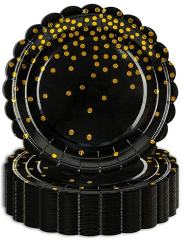 EVYIENEN 50PCS Happy Birthday Paper Plates,7 Inch Disposable Black Gold Dot Birthday Cake Plates Scalloped Dessert for Decorations Party Supplies