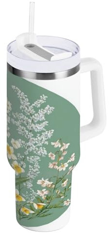 linqin Spring Flowers - Vaso aislado al vacío verde con tapa a prueba de fugas y pajilla, botella de agua de acero inoxidable de 40 onzas, reutilizable, taza de café grande para mujeres y hombres
