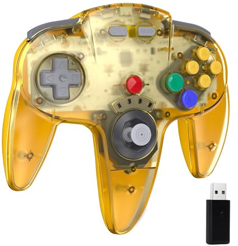 miadore Wireless N64 Switch Online-Controller für Switch 1/2/OLED/Lite | PC-Controller mit 2,4-GHz-USB-Empfänger,Plug & Play,Eingebaute Vibration,für PC,Mac OS,Raspberry Pi,Linux (Klar gelb)
