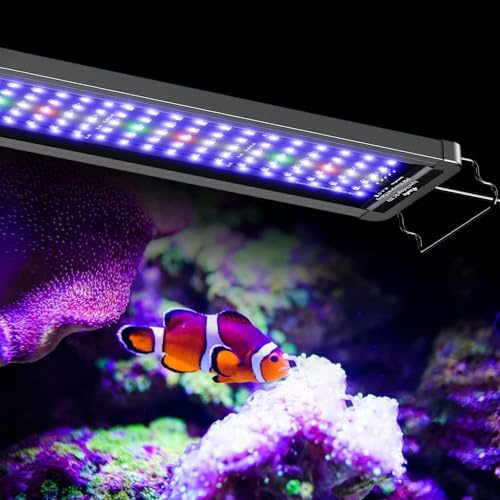 Pawfly 48W Saltwater Aquarium Light for 48 to 54 Fish Tanks Dimmable LED Reef Light for Coral Extendable Marine Fish Tank Light with Full Spectrum D/N Mode Timer Auto On/Off Adjustable Brightness