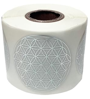 PROlac – Blume des Lebens Sticker – 500 Stück auf Rolle – Etiketten Selbstklebend perfekt zum Dekorieren – 50x50mm Blume des Lebens Aufkleber mit glänzender Metallfolie - (Transparent/Silber)