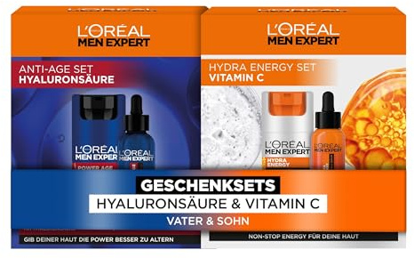 L'Oréal Men Expert Vater und Sohn Pflegeset für Männer, Geschenke mit 2x Gesichtscreme und 2x Gesichtsserum, Geschenkset mit Hyaluronsäure und Vitamin C, Power Age, Hydra Energy, 4-teilig