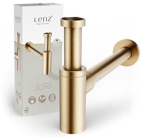 Lenz Design-Siphon JURI in Gold – Für alle gängigen Waschbecken | Typ 1 1/4, Rohre extralang und anpassbar, Reinigungsöffnung und Geruchsverschluss, Anti-Fingerabdruck Oberfläche, 46090041