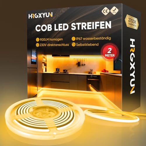 HRGXYUN 230V COB LED Streifen Aussen, 240 LEDs IP67 Wasserdicht Selbstklebend, Bande LED 900LM Ohne Trafo Flexible Kürzbar für Zimmer und Außen Dekoration Beleuchtung, 2700K Warmweiß, 2m