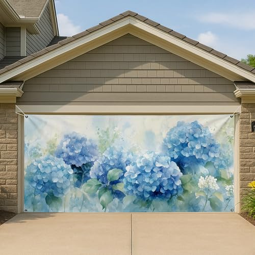 Blaue Hortensien-Gartentorabdeckung, Sommer-Aquarell, Vintage, große Garagentor-Dekorationen, Outdoor-Heimdekoration, 390 x 180 cm