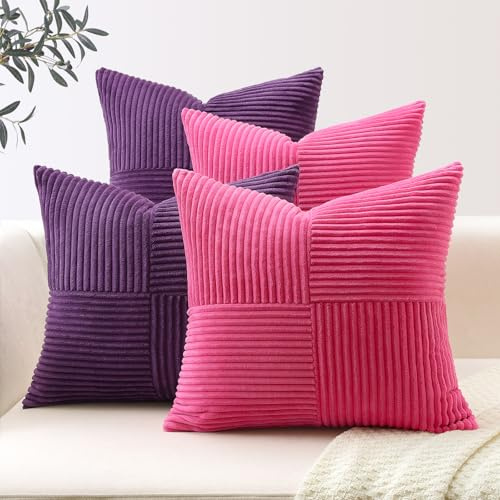 Sungeek Lot de 4 Housse de Coussin en Velours Côtelé, Housse Coussins Bohème Patchwork à Rayures Croisées Doux Taies d'oreiller Décoratives pour Lit Canapé Chambre Salon 40x40 cm, Rose Vif Violet