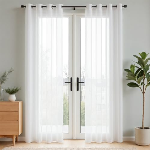 Vangao Gardinen mit Ösen Voile Vorhänge Wohnzimmer 2er Set H225xB140cm Weiß | Vorhang 225 cm lang Modern, Halbtransparent Lichtdurchlässig, Schlafzimmer Kinderzimmer Fenster Sheer Curtains Modern Weiss