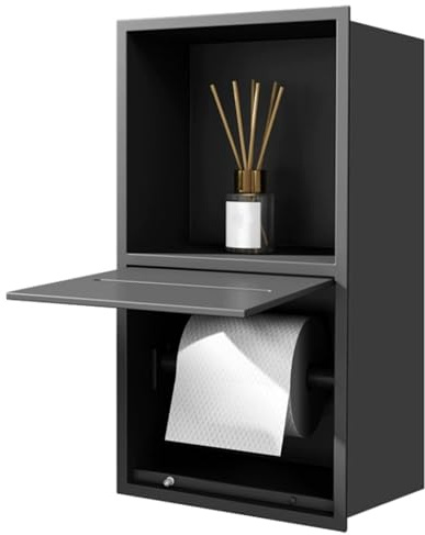 Innovz Niche Douche Encastrable Porte-Papier Toilette Encastré avec Étagère de Rangement, Niche Murale de Salle de Bain en Métal Noir à Ouverture par Pression, Organiseur de Papier Toilette Encastré