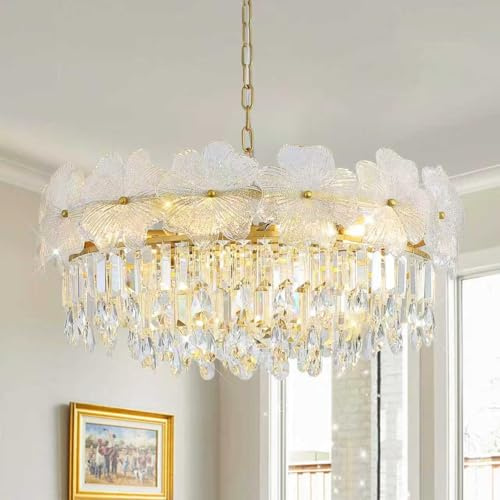 Gold Crystal Chandelier Large 24 Modern Farmhosue Pendant Light Fixture for Dining Room with Flower Glass 5-Tier K9 Crystal Drum Hanging Light Round Chandelier Luxury for Entryway Bedroom Stair