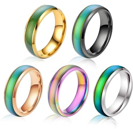 aieieii 5Pcs Color Changing Stainless Steel Mood Ring for Kids Set, Mood Rings for Women Fashionable Color-Shifting Design Suitable for Kids Women Men as Birthday Valentine's Day Party Gifts