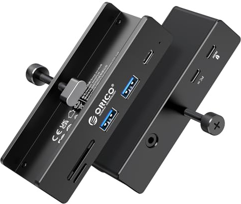 ORICO USB-hub, aluminium USB 3.2 hubb klämma med USB-C PD 60 W port, 10 Gbps 6 portar USB-distributör med 2 typ-A 3.2 och 1 typ C 3.2, SD/TF 3.0, AUX, 100 cm kabel för bildskärmar, skrivbord