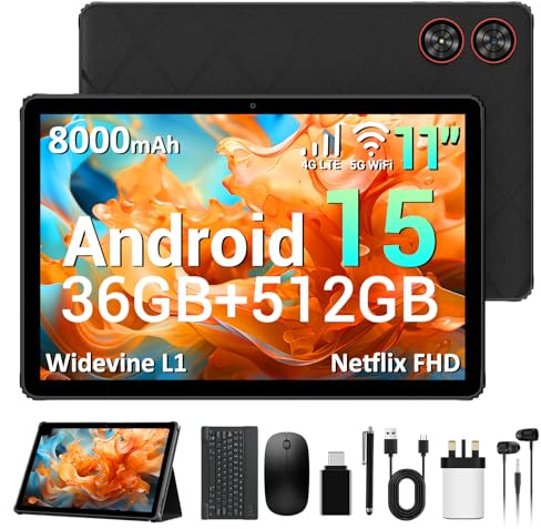 AXETOP Android 15 Tablet, 11 Inch Tablet with Sim Card Slot, 36GB+512GB (TF 1TB), 4G LTE & 5G WiFi, Widevine L1, 2000 * 1200 IPS, 8000mAh/8MP+13MP/OTG/GPS, Tablets with Keyboard/Pen/Mouse/Case - Black