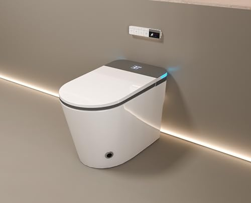 MEJE #MZE013 - Simple and Elegant One Piece Smart Toilet, Heated Bidet with Dryer and Warm Water, Auto Flush, Auto Open and Close, with Remote Control, Night Light,Floor Mounted Wall Drainage, White