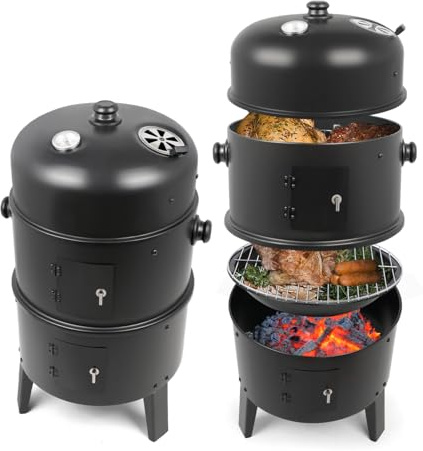 Paxlloonge 40,6 cm Holzkohle-Smoker, 4-in-1 vertikaler Grill mit 2 Kochflächen und Thermometer, robuster Smokergrill für Partys, Hinterhof, Terrasse und Camping