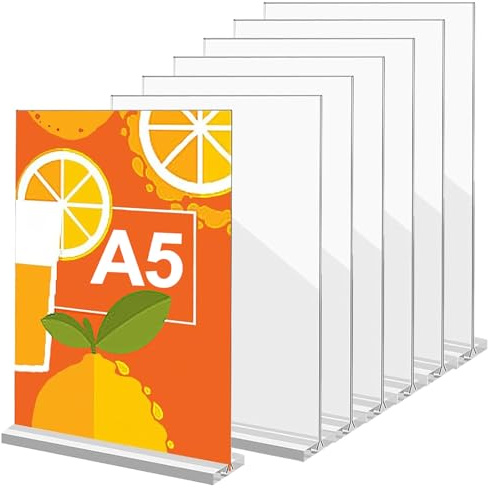 qhklew A5 Acryl Schilderhalter, Acryl Tischaufsteller, T Ständer Aufsteller Doppelseitiger Vertikaler Transparenter Kunststoff Display Rack für Bilderrahmen, Zuhause, Büro, Einzelhandel, Messe (6)
