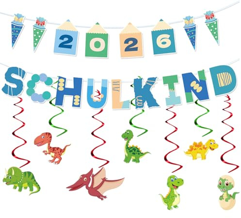 Einschulung Deko Dino Schulkind 2026 Junge Schulanfang Deko Set mit Pastell Schulkind 2026 und Schultüte Girlande Mädchen Einschulungsdeko Geschenke zur Einschulung Endlich Schulkind