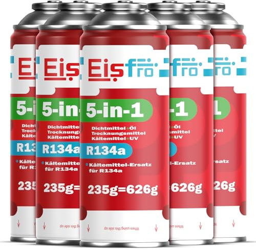 Eisfro 5 en 1 – 5 latas de refrigerante sustituto R134a de 235 g Cada una para Aire Acondicionado de Coche con Aceite, sellador de Fugas, trazador UV y deshidratante – Protege el compresor