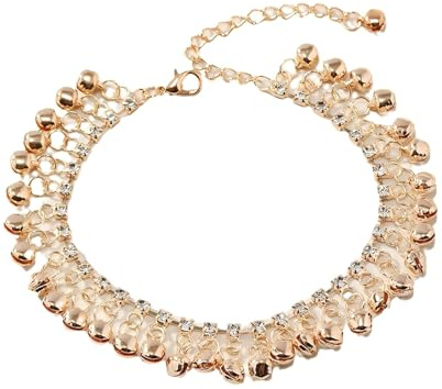 IMINI Jingle Bell Tassel Anklet for Women, CZ Crystal Tennis Chain & Dangling Sounds Bells Charms - Adjustable 20+4cm, Retro Ethnic Boho Summer Beach Belly Dance Foot Jewellery (Gold)