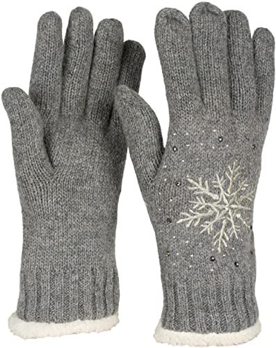 styleBREAKER Damen Strickhandschuhe Schneeflocke | Wärmendes Fleece-Innenfutter gegen Kälte, glitzernde Strasssteine, weiches Bündchen, sehr elastisch für 16-21 cm Handumfang.