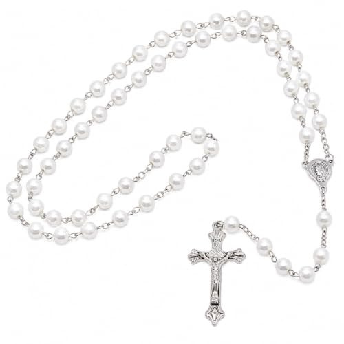 Catholic Rosary with 8mm White Glass Beads, Silver Tone Chain and Crucifix, Traditional Prayer Beads for Daily Devotion and Meditation | Traditional Catholic prayer rosary with smooth 8mm white glass beads, centre medallion