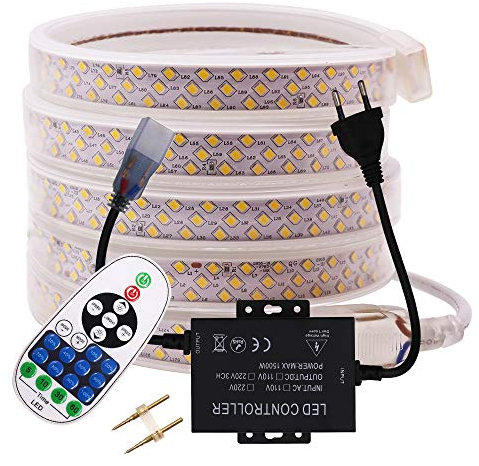 XUNATA Dimmbar LED Strip Warmweiß, 220V 2835 SMD 276leds / m IP65 Wasserdicht,Flexibles LED Lichtschlauch mit 23 Key Fernbedienung für Küche Stairway Weihnachten Party Deko (Warmweiß,18M)