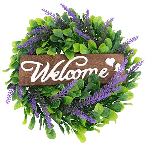Türkranz, künstliche Lavendel-Girlande, Türkranz für Zuhause, mit Willkommens-Wandbehang, für Haustür, Wand, Fenster, Grün, Lila