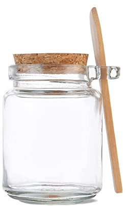 QUUPY 1PCS 250ML Glass Transparent Bath Salt Bottle with Wooden Spoon Box Cork Jars Cosmetic Powder Seasoning Sauce Honey Nuts Storage Containers