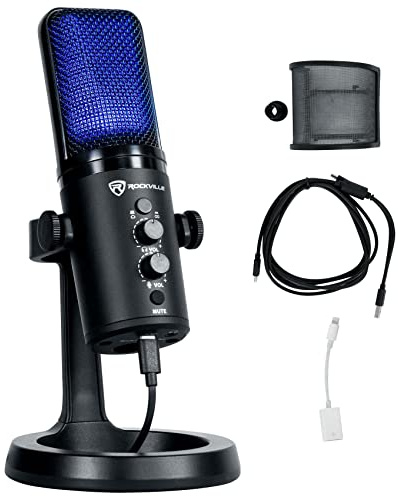 Rockville Rock-Stream PRO Dual Pattern USB Microphone, 24-Bit/192kHz, Cardioid/Bi-Directional, LED Clipping Indicator, Headphone Monitoring, for Gaming, Streaming, Podcasting