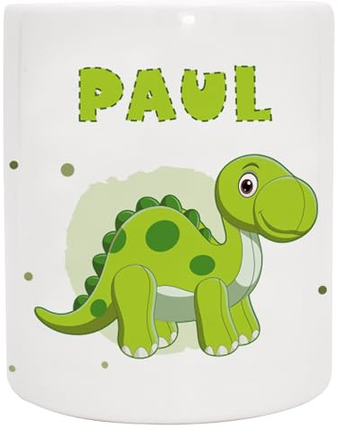 Personalisierte Spardose mit Namen und Dino | Brachiosaurus | Keramik Sparbüchse mit Wunschname, beidseitig bedruckt, Gummistopfen an der Unterseite, 95 x 80 mm, Geschenk für Kinder