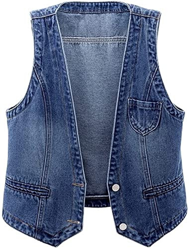 Lazutom Gilet en jean décontracté sans manches pour femme, bleu foncé, 48