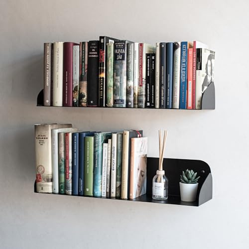 MILUKA Wandregal Schwarz 2er Set 60 cm, stabile Stahlkonstruktion | Bücherregal Wand, Modulares Regalsystem mit Schwebender Bücher-Effekt, Modernes Schweberegal für Organizer & Wanddeko