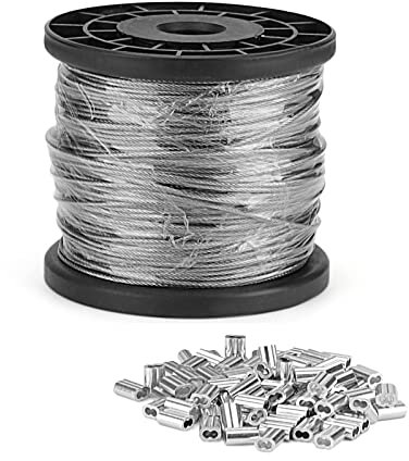 KEILEOHO 1/16 Wire Rope, 400FT/122m Stainless Steel Cable, 1.5mm Stainless Steel Wire Spool with 100 PCS Aluminum Crimping Loop Sleeve, 7x7 Strand Core
