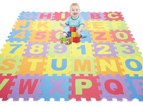 Puzzle Tapis Mousse Bébé,36 Pièces,Tapis de Jeu pour Enfants, en EVA Antidérapant, Non Toxique, avec Lettres et Chiffres, Certifié CE, Multicolore (36 pièces (Couleur))