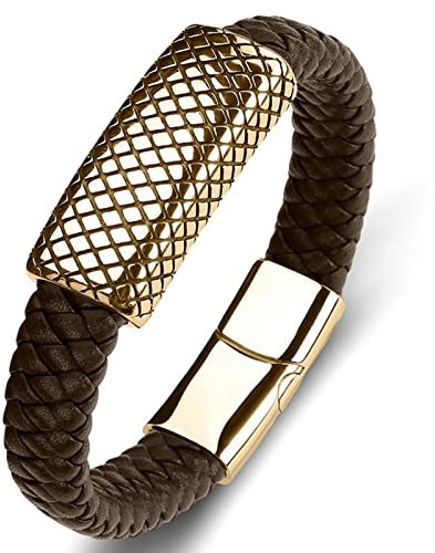 Ayoiow Männer Armband Indianer, Armband Jungen Edelstahl Leder Armband Schwarz Braun Flechtarmband mit Gold Schnalle