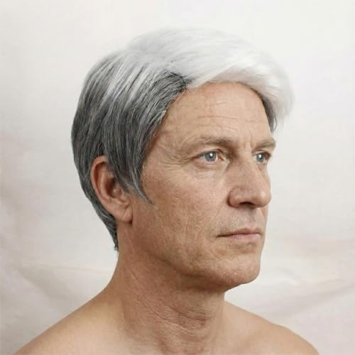 AIYLMZ Kurze weiße Ombré-Perücken für Männer Blanche-Haar-Toupet für Männer Natürliche Seitenteil Herren-Haarteile Senioren gemischte Weiß-Grau-Perücken (Grau Weiß)