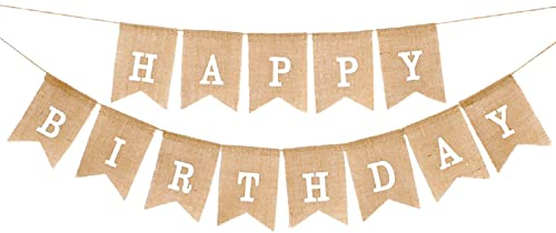 Happy Birthday Bunting Banner, 6.6 Ft Hessian Cloth Vintage Burlap Swallowtail Flag for Birthday Decorations