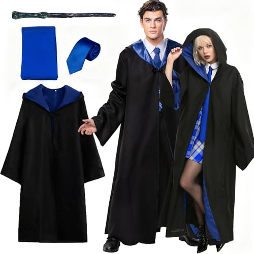 Kitimi Magic Robe, Umhang,4PCS Zauberer Cosplay Kostüm für Erwachsene,with Cape,Magic Wand,Glasses,Scarf,Tie,Halloween Wizard Costume for Cosplay,Carnival,Fancy Dress
