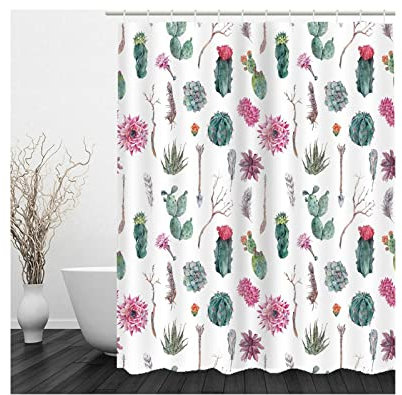 Whoiy Duschvorhang 180X200 Pflanzen, Duschrollo Um Die Ecke Polyester Shower Curtains Kaktus Grün für Outdoor Hotel