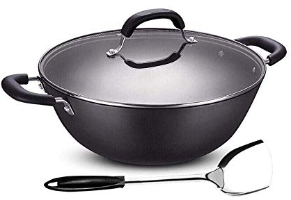 Woks antiadherentes y sartenes salteadas con tapa, cesta para freír y parrilla de vapor, sartén wok antiadherente de cobre con tapa