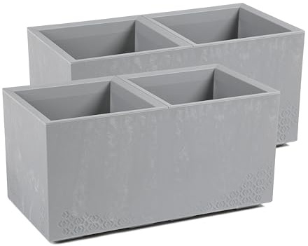 Kreher Set: 2 x XL Pflanzkasten Karo in verschiedenen Formaten und Farben. Tolle Beton Optik in Grau oder Anthrazit! Aus robustem recyceltem Kunststoff! (72 Liter (rechteckig) Grau)
